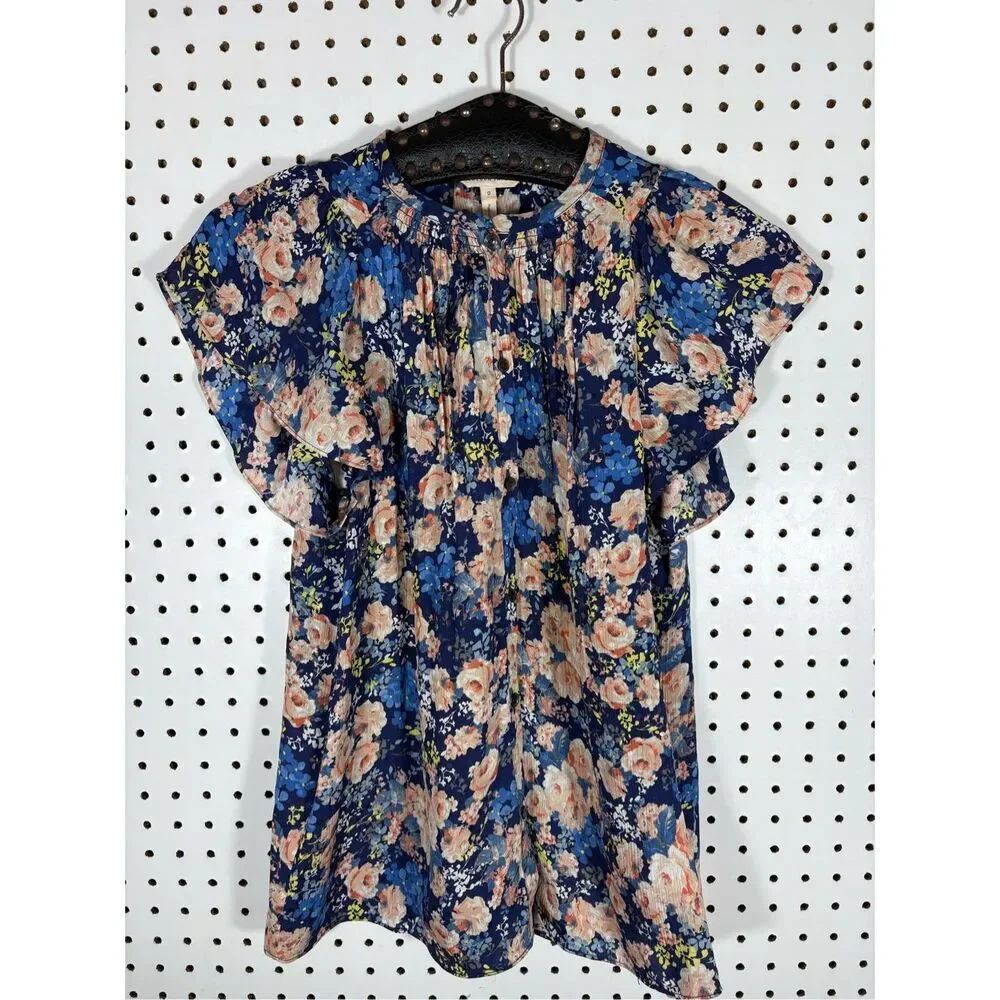 Rebecca Taylor Blue Floral Short Flutter Sleeve 100% Silk Top Blouse size 0